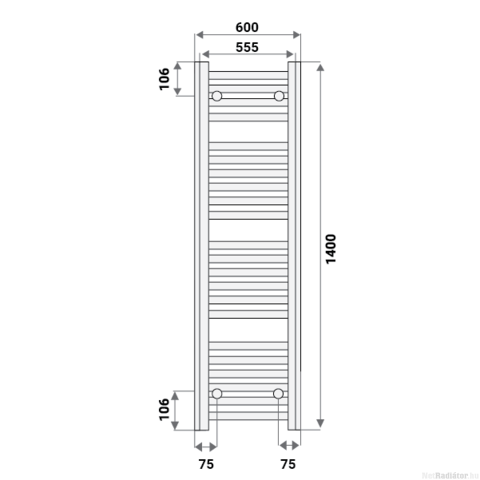 Silver 600X1400 mm egyenes elektromos törölközőszárító radiátor fehér, 600W-os fehér termosztátos fűtőpatronnal, végdugóval